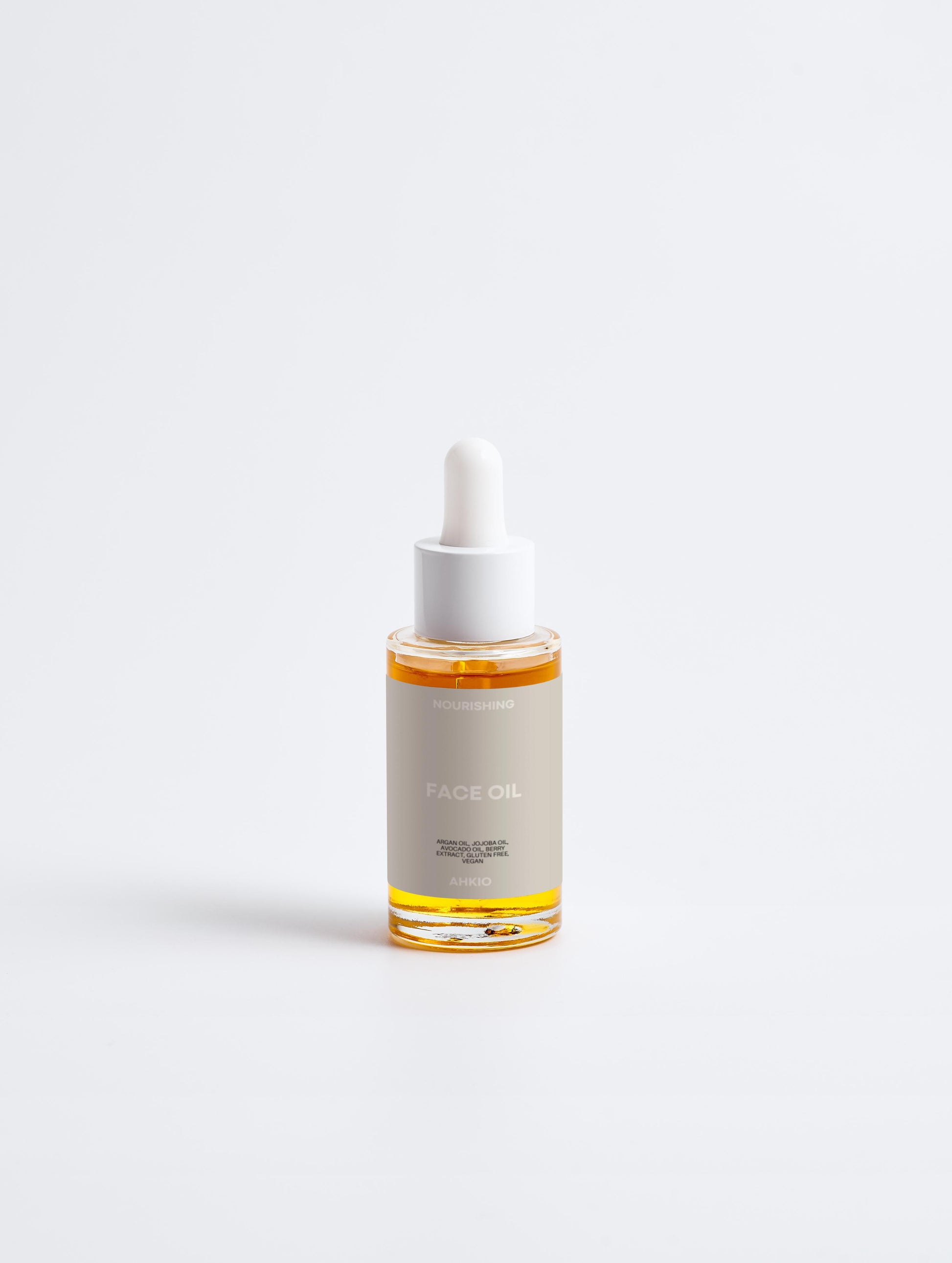 Nourishing face oil from Ahkio brand, vegan organic product with argan avocado jojoba almond oil